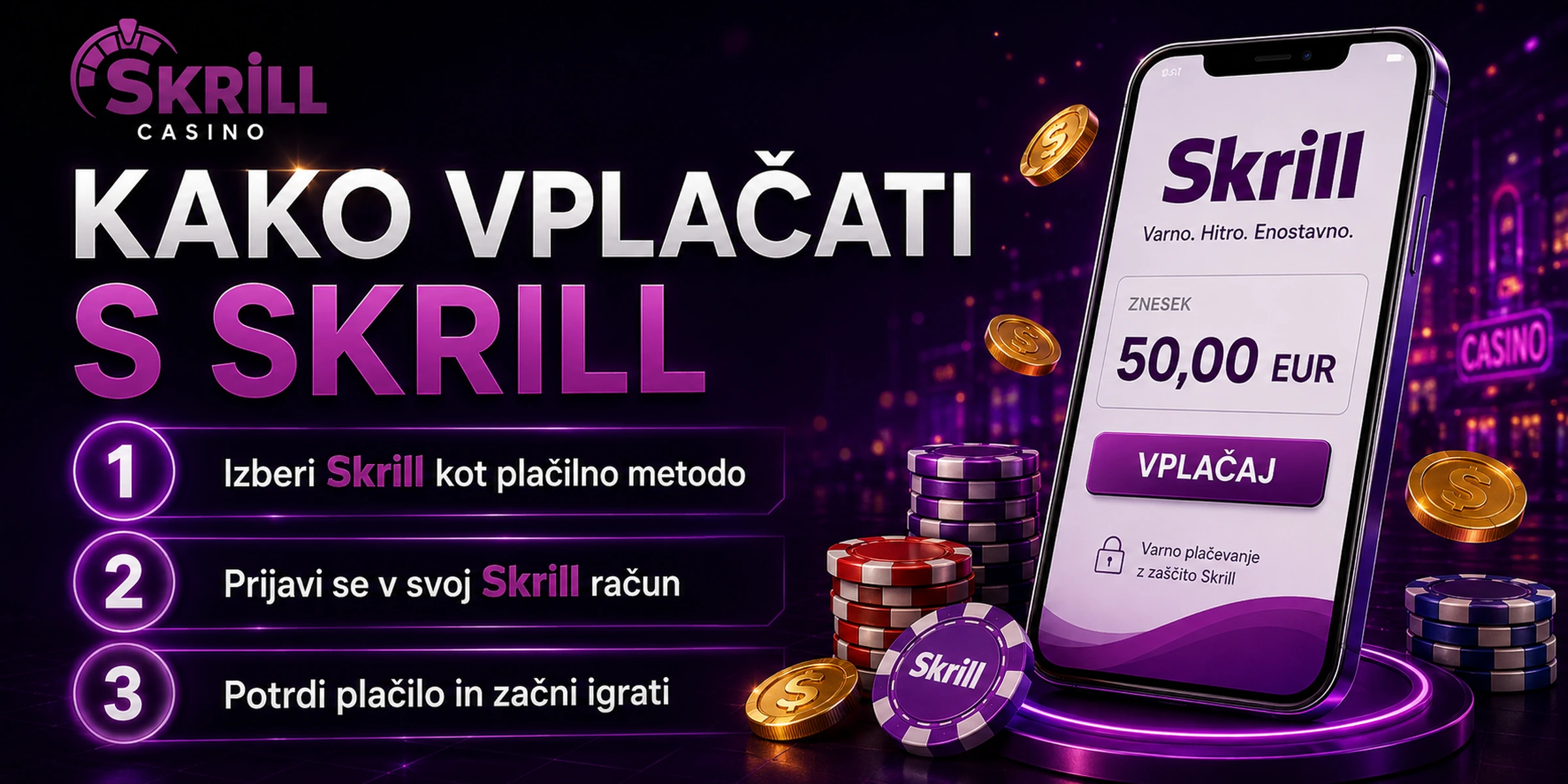Koraki za vplačilo s Skrill v spletni igralnici